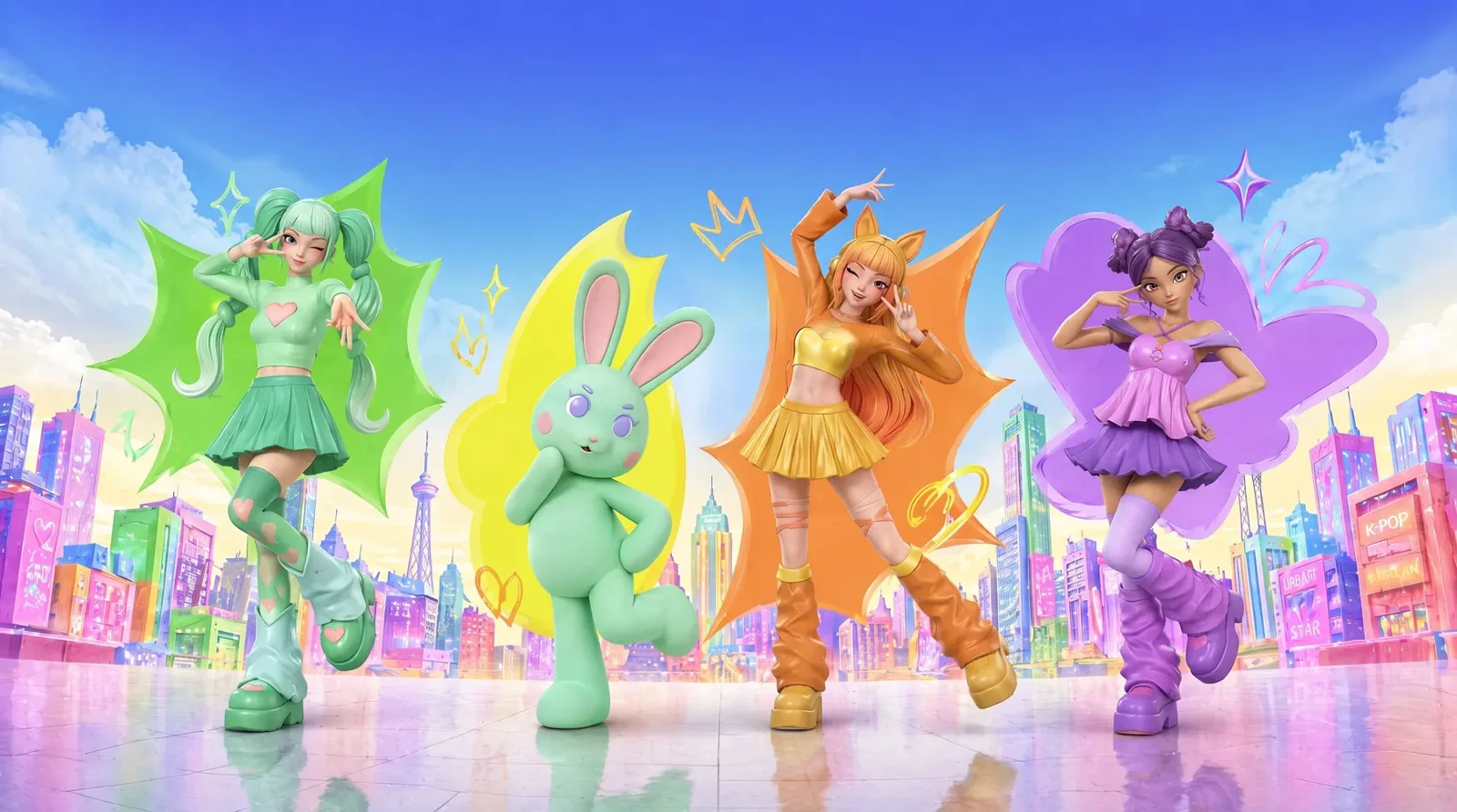 Dreamcatcher characters dancing in a neon K-pop city